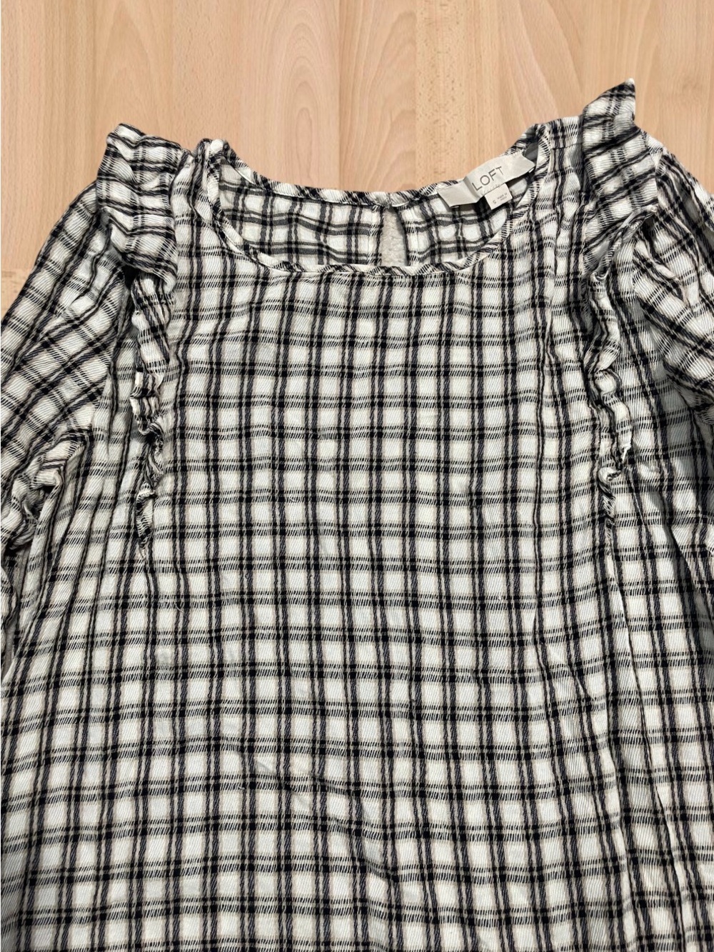 LOFT Brown & cream Checked Ruffle Shoulder Blouse